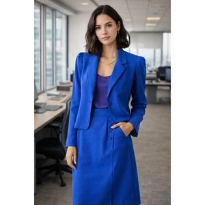 Bryn Mawr Bobbie Brooks Vintage Royal Blue Skirt Suit Set Puff Shoulder Blazer